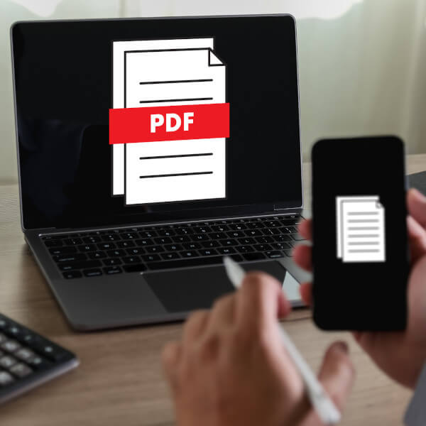 PDFs and email newsletters on a laptop and mobile.
